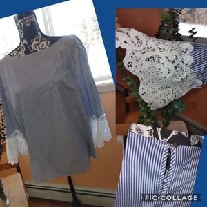 Lace Bell Sleeve blue white striped blouse XL